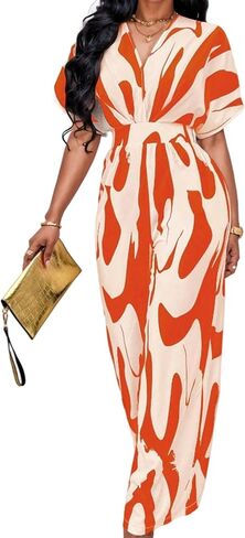 Women's Printed V-Neck Jumpsuit Color Block Short Sleeve High Elastic Waist Wide Leg Casual Rompers in Kuwait