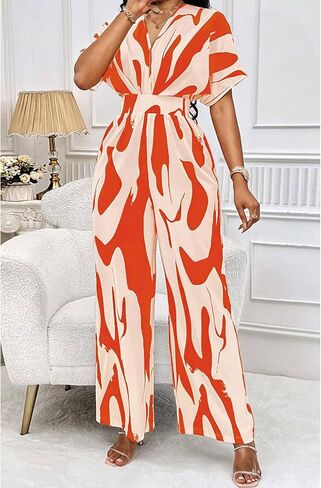 Women's Printed V-Neck Jumpsuit Color Block Short Sleeve High Elastic Waist Wide Leg Casual Rompers in Kuwait