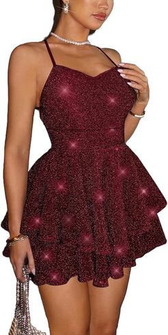 BOGURST Women Glitter Romper Dress Lace Up Sleeveless Backless Jumpsuit Dress in Kuwait