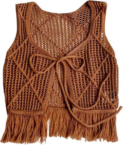 MakeMeChic Women's Crochet Sweater Vest Tie Front Fringe Sleeveless Vintage Crop Knitwear in Saudi Arabia