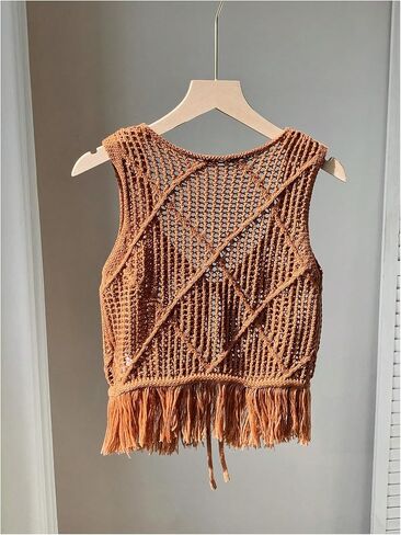 MakeMeChic Women's Crochet Sweater Vest Tie Front Fringe Sleeveless Vintage Crop Knitwear in Saudi Arabia
