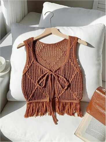 MakeMeChic Women's Crochet Sweater Vest Tie Front Fringe Sleeveless Vintage Crop Knitwear in Saudi Arabia