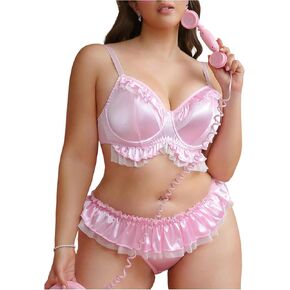 OYOANGLE Women's Plus Size 2 Piece Satin Lingerie Set Ruffle Underwire Bra and Frilly Panties Sets in Saudi Arabia