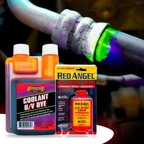 Automotive A/C & Coolant Leak Repair Kit – Red Angel Stop Leak + Radiator Coolant Water Based UV Detection Dye – Easy Fix for R134a and Engine Cooling Systems in Saudi Arabia
