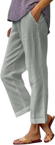 Cropped Linen Pants Women Summer Elastic Waist Straight Leg Plus Size Crop Pants Casual Beach Trousers with Pockets in Saudi Arabia