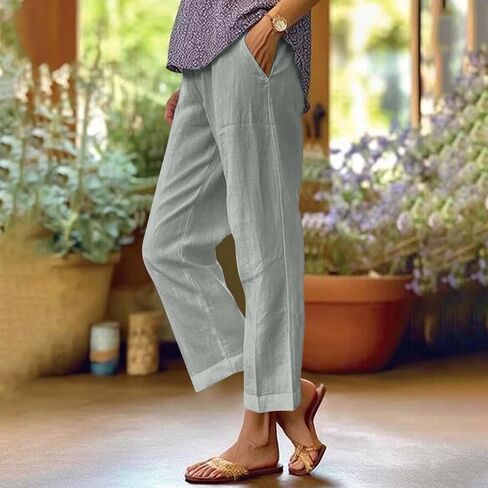 Cropped Linen Pants Women Summer Elastic Waist Straight Leg Plus Size Crop Pants Casual Beach Trousers with Pockets in Saudi Arabia