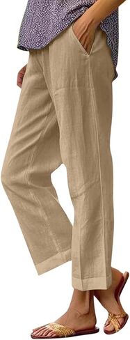 Cropped Linen Pants Women Summer Elastic Waist Straight Leg Plus Size Crop Pants Casual Beach Trousers with Pockets in Saudi Arabia