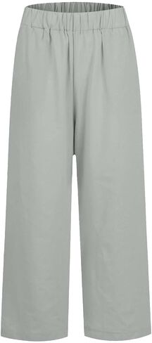Cropped Linen Pants Women Summer Elastic Waist Straight Leg Plus Size Crop Pants Casual Beach Trousers with Pockets in Saudi Arabia