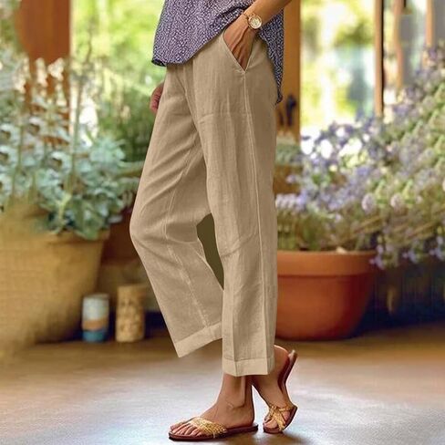 Cropped Linen Pants Women Summer Elastic Waist Straight Leg Plus Size Crop Pants Casual Beach Trousers with Pockets in Saudi Arabia