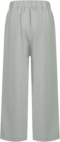 Cropped Linen Pants Women Summer Elastic Waist Straight Leg Plus Size Crop Pants Casual Beach Trousers with Pockets in Saudi Arabia
