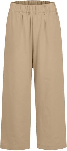 Cropped Linen Pants Women Summer Elastic Waist Straight Leg Plus Size Crop Pants Casual Beach Trousers with Pockets in Saudi Arabia