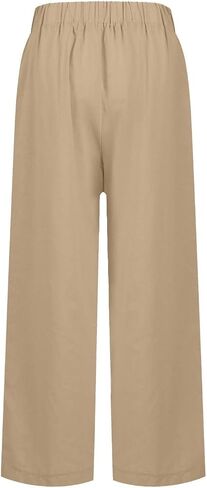 Cropped Linen Pants Women Summer Elastic Waist Straight Leg Plus Size Crop Pants Casual Beach Trousers with Pockets in Saudi Arabia