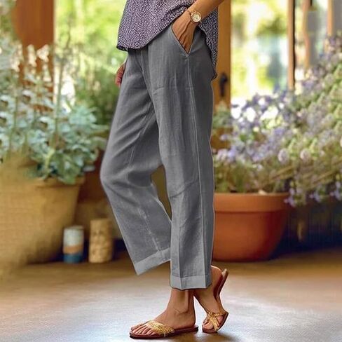 Cropped Linen Pants Women Summer Elastic Waist Straight Leg Plus Size Crop Pants Casual Beach Trousers with Pockets in Saudi Arabia