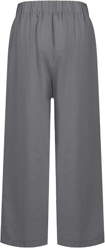 Cropped Linen Pants Women Summer Elastic Waist Straight Leg Plus Size Crop Pants Casual Beach Trousers with Pockets in Saudi Arabia
