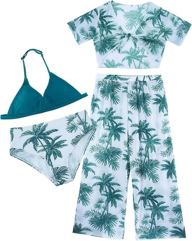 Happy Cherry Girl's 4pcs swimsuits طباعة الاستوائية الرسن البيكيني مجموعة البسعة مع كيمونو وتستر على ملابس البوهو بوهو in Saudi Arabia