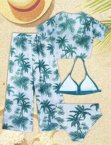 Happy Cherry Girl's 4pcs swimsuits طباعة الاستوائية الرسن البيكيني مجموعة البسعة مع كيمونو وتستر على ملابس البوهو بوهو in Saudi Arabia