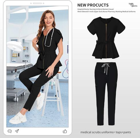 niaahinn Scrub Set for Women Medical Uniform Scrub Top & Pants with Zipper Drawstring Pants Nursing Dental Workwear in Saudi Arabia