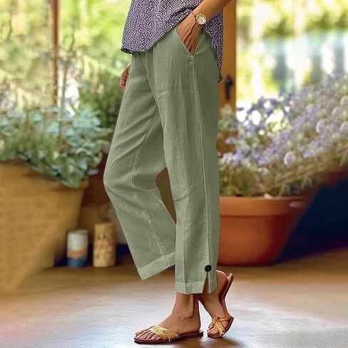 Linen Pants for Seniors Clothing 2025 Summer Fashion High Waisted Straight Leg Women's Trouses Crop Cotton Linen Pant in Saudi Arabia