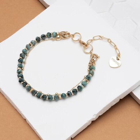 Double Strand Bead and Gold Tone Brass Stacked Birthday Bracelet, 6.75" +2" Extender- Choice of Month and Colors in Kuwait