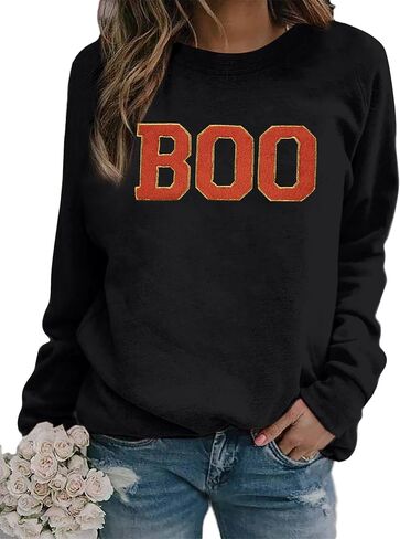 MYHALF Halloween Sweatshirt for Women Boo Embroidered Sweaters Cute Spooky Season Shirt Long Sleeve Fall Winter Pullover Tops in Saudi Arabia