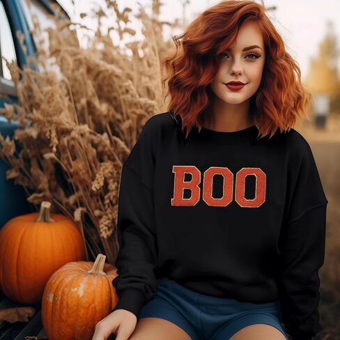 MYHALF Halloween Sweatshirt for Women Boo Embroidered Sweaters Cute Spooky Season Shirt Long Sleeve Fall Winter Pullover Tops in Saudi Arabia