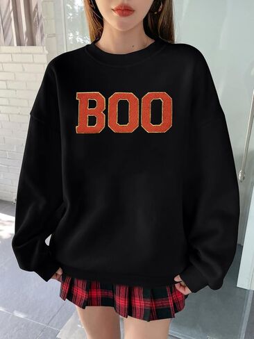 MYHALF Halloween Sweatshirt for Women Boo Embroidered Sweaters Cute Spooky Season Shirt Long Sleeve Fall Winter Pullover Tops in Saudi Arabia