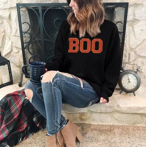 MYHALF Halloween Sweatshirt for Women Boo Embroidered Sweaters Cute Spooky Season Shirt Long Sleeve Fall Winter Pullover Tops in Saudi Arabia