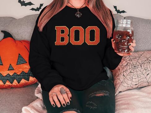 MYHALF Halloween Sweatshirt for Women Boo Embroidered Sweaters Cute Spooky Season Shirt Long Sleeve Fall Winter Pullover Tops in Saudi Arabia