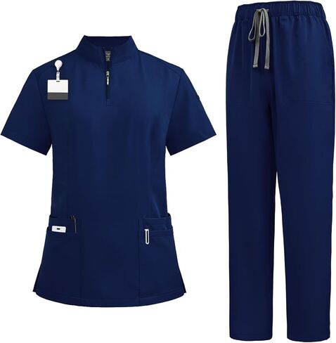 niaahinn Scrub for Women Set- Collar Neck Scrub Top & Yogga Waistband Cargo Pants 4-Way Stretch Scrub Set, Small, Black in Saudi Arabia