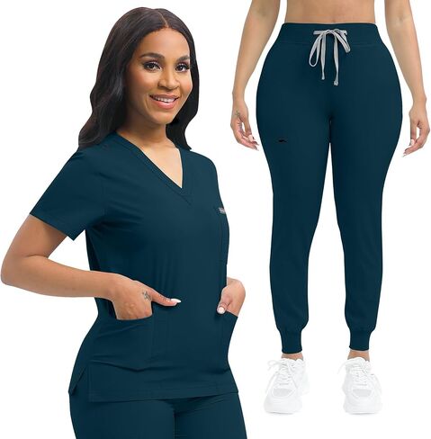 فرك ممرضة Niaahinn للنساء مجموعة V-Neck Top & Jogger Scrub Pants دعوى موحدة للنساء للنساء in Saudi Arabia
