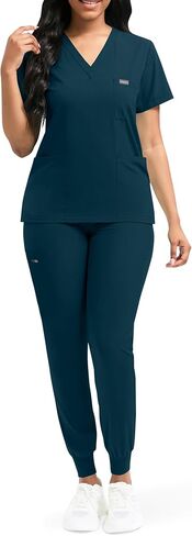 فرك ممرضة Niaahinn للنساء مجموعة V-Neck Top & Jogger Scrub Pants دعوى موحدة للنساء للنساء in Saudi Arabia