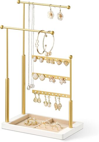 pickpiff Jewelry Organizer Holder Stand: 3 Tier Jewelry Storage Display for Necklace, Bracelet, Earring, Ring, White & Gold in Kuwait
