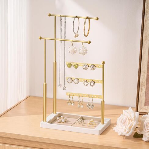 pickpiff Jewelry Organizer Holder Stand: 3 Tier Jewelry Storage Display for Necklace, Bracelet, Earring, Ring, White & Gold in Kuwait
