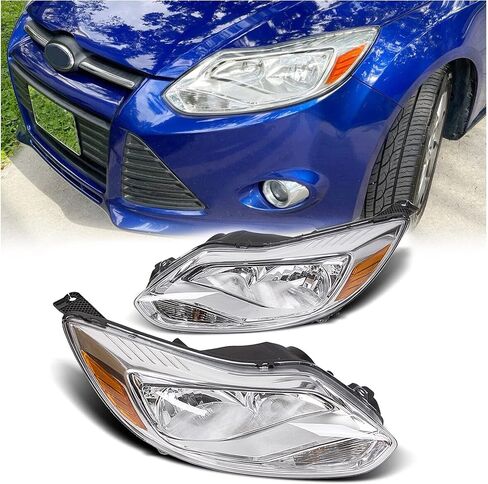 ECOTRIC Pair Headlights Assembly Compatible with 2012-2014 Ford Focus Head Lamps, Bulbs Include, Left+Right Chrome Housing Trim, Halogen Type in Saudi Arabia