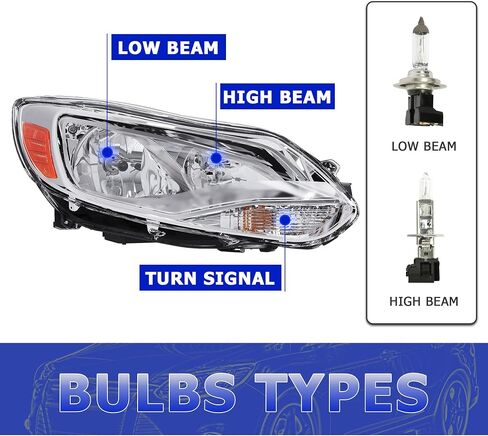 ECOTRIC Pair Headlights Assembly Compatible with 2012-2014 Ford Focus Head Lamps, Bulbs Include, Left+Right Chrome Housing Trim, Halogen Type in Saudi Arabia