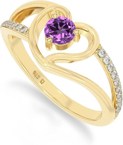 Natural Gemstone Heart Promise Rings with Moissanite for Women in 925 Silver/18K Yellow/Rose Gold Vermeil, Birthstone Jewelry Gifts for Her Birthday, Wedding Anniversary, Christmas, Mothers Day in Saudi Arabia