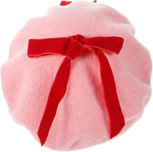 Pink Strawberry Beret Hat with Bowknot: Soft Woolen Strawberry Hat Shortcake Beret Hats for Women Bowknot Hat, Delicate Sweet Fashion Berets Warm Hat for Christmas and Everyday Wear in Saudi Arabia