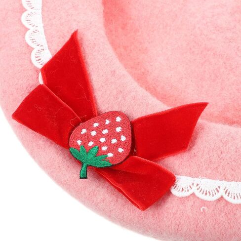 Pink Strawberry Beret Hat with Bowknot: Soft Woolen Strawberry Hat Shortcake Beret Hats for Women Bowknot Hat, Delicate Sweet Fashion Berets Warm Hat for Christmas and Everyday Wear in Saudi Arabia