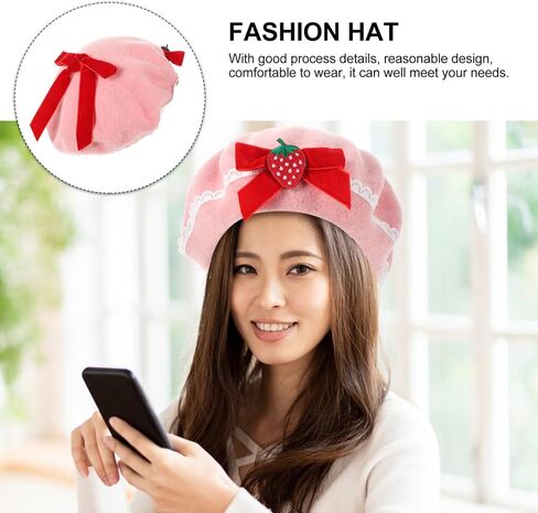 Pink Strawberry Beret Hat with Bowknot: Soft Woolen Strawberry Hat Shortcake Beret Hats for Women Bowknot Hat, Delicate Sweet Fashion Berets Warm Hat for Christmas and Everyday Wear in Saudi Arabia