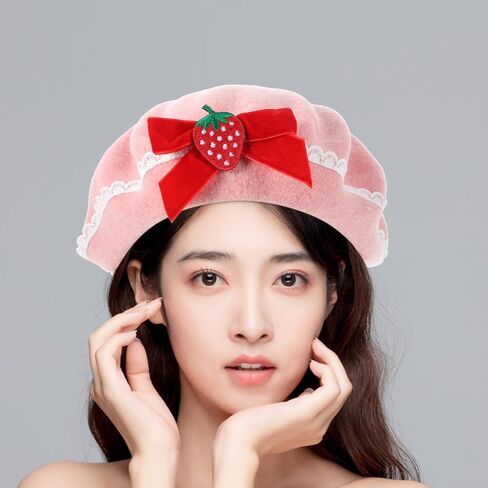 Pink Strawberry Beret Hat with Bowknot: Soft Woolen Strawberry Hat Shortcake Beret Hats for Women Bowknot Hat, Delicate Sweet Fashion Berets Warm Hat for Christmas and Everyday Wear in Saudi Arabia