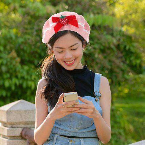 Pink Strawberry Beret Hat with Bowknot: Soft Woolen Strawberry Hat Shortcake Beret Hats for Women Bowknot Hat, Delicate Sweet Fashion Berets Warm Hat for Christmas and Everyday Wear in Saudi Arabia