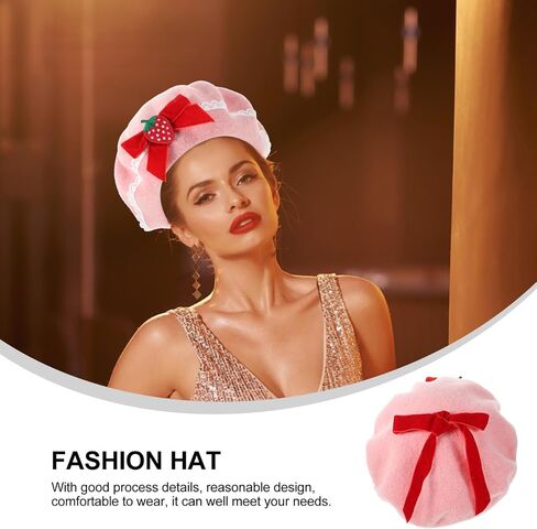 Pink Strawberry Beret Hat with Bowknot: Soft Woolen Strawberry Hat Shortcake Beret Hats for Women Bowknot Hat, Delicate Sweet Fashion Berets Warm Hat for Christmas and Everyday Wear in Saudi Arabia