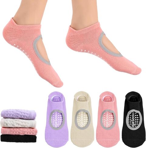 4 Pairs Grip Pilates Socks Ankle Grippy Socks Open Top Non-Slip Yoga Sock for Women Barre Hospital Workout Barefoot in Saudi Arabia