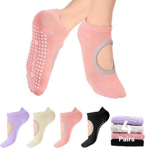 4 Pairs Grip Pilates Socks Ankle Grippy Socks Open Top Non-Slip Yoga Sock for Women Barre Hospital Workout Barefoot in Saudi Arabia