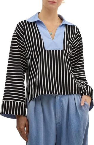 Kedera Women's Oversized Striped Sweatshirts V Neck Long Sleeve Polo Shirts Collared Sweater Work Business Casual Top in Kuwait