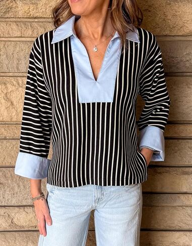 Kedera Women's Oversized Striped Sweatshirts V Neck Long Sleeve Polo Shirts Collared Sweater Work Business Casual Top in Kuwait