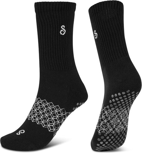 Non Slip Pilates Grip Socks Crew Length For Reformer, Mat, Barre, Yoga, Organic Cotton, Black Medium, Anti Slip Crew Midcalf Gripper Long Socks in Saudi Arabia