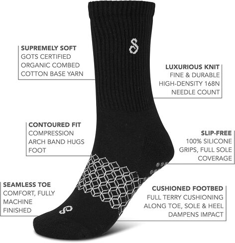 Non Slip Pilates Grip Socks Crew Length For Reformer, Mat, Barre, Yoga, Organic Cotton, Black Medium, Anti Slip Crew Midcalf Gripper Long Socks in Saudi Arabia