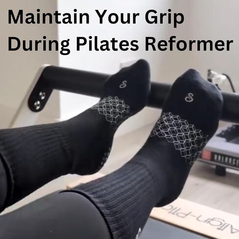 Non Slip Pilates Grip Socks Crew Length For Reformer, Mat, Barre, Yoga, Organic Cotton, Black Medium, Anti Slip Crew Midcalf Gripper Long Socks in Saudi Arabia