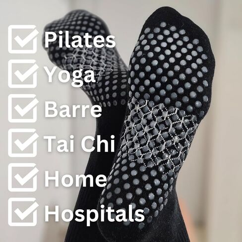 Non Slip Pilates Grip Socks Crew Length For Reformer, Mat, Barre, Yoga, Organic Cotton, Black Medium, Anti Slip Crew Midcalf Gripper Long Socks in Saudi Arabia